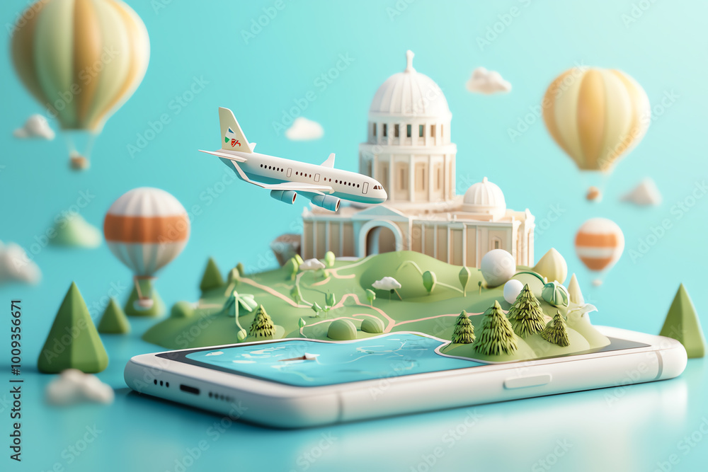 Poster realistic 3d elements of a plane flying over a map on a phone screen, with european landmarks like t