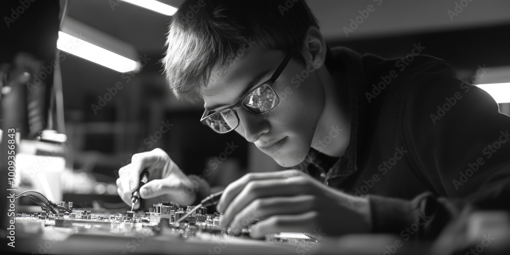 Poster a person assembling electronic components on a printed circuit board