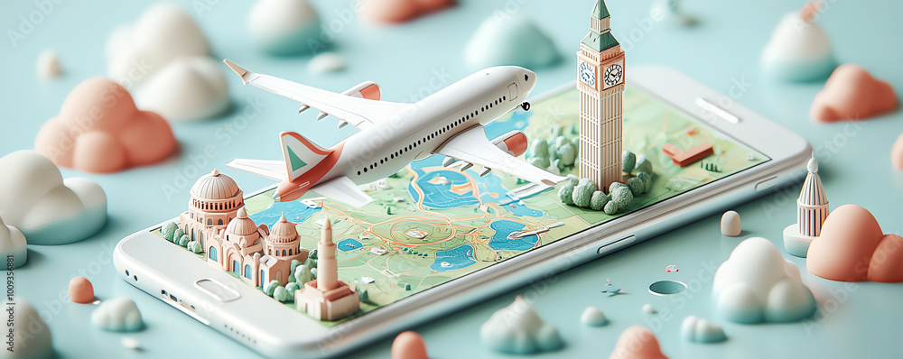 Poster a plane taking off from a 3d phone screen, with floating maps and landmarks like big ben and the lea
