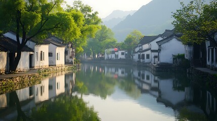 Obraz premium Picturesque Chinese village with traditional houses and a calm canal reflecting the morning mist.