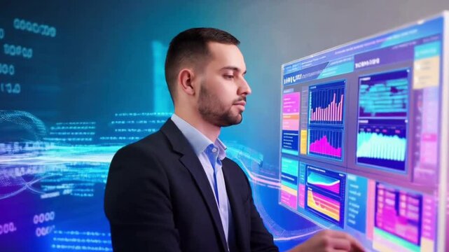 A data scientist conducts queries, analyzing and visualizing artificial intelligence on a virtual screen