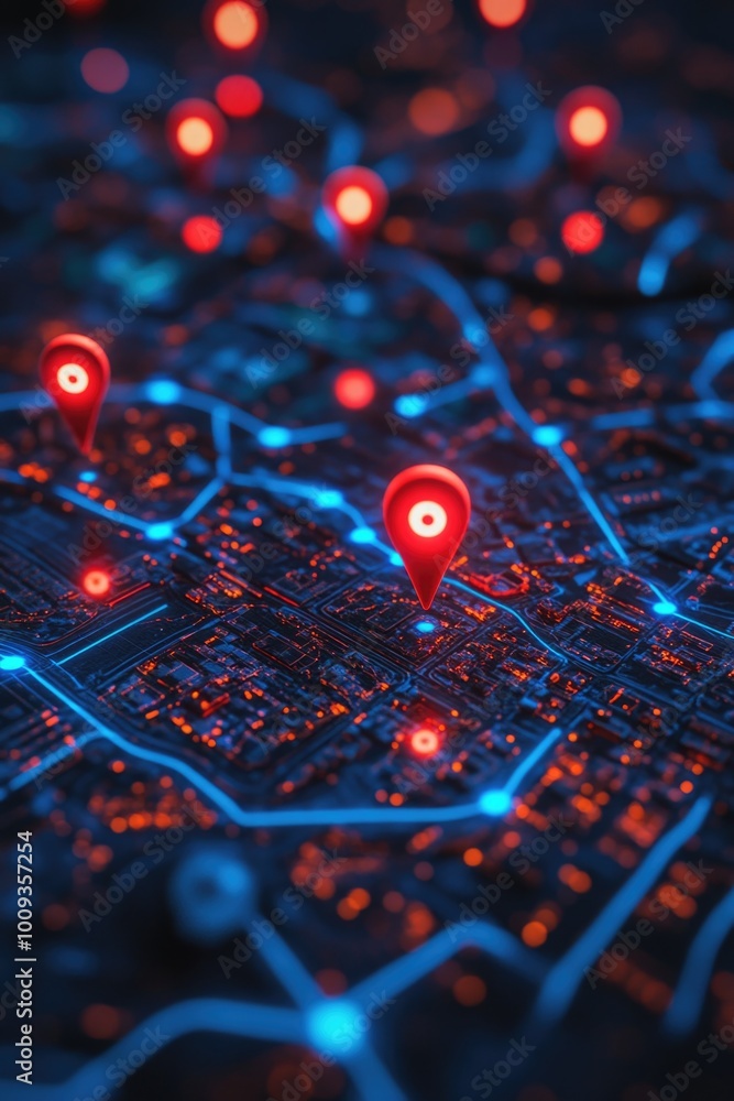 Poster a detailed view of a circuit board featuring red and blue led lights