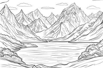Coloring book illustration of a serene mountain lake surrounded by majestic peaks