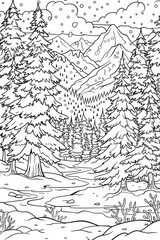 Naklejka premium Coloring book illustration of a winter landscape with snow covered trees and mountains