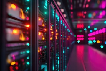 Row of servers in a modern data center facility, suitable for IT and technology-related concepts