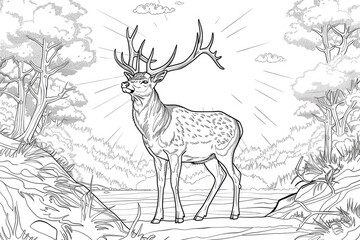 Coloring book illustration of a majestic deer standing gracefully in a sunlit forest radiating tranquility and harmony with nature