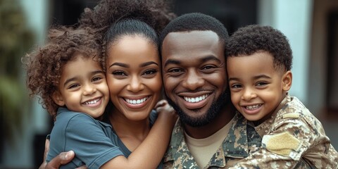 Soldier embracing his wife and kids on his homecoming, Generative AI