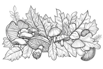 Coloring book illustration of a still life featuring autumn leaves and mushrooms Seasonal decoration