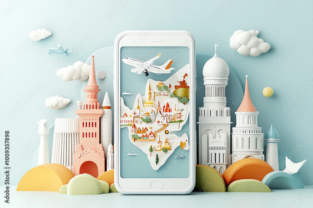Poster a 3d phone displaying a map with a plane flying over it, with realistic elements of european landmar