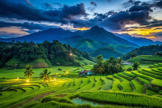 Lush Green Landscapes of Bukidnon, Philippines Showcasing Mountains, Rice Fields, and Blue Skies