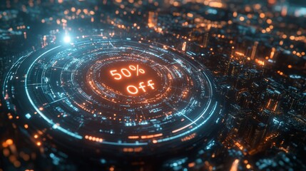 Obraz premium Digital advertisement display promoting a fifty percent discount over a city landscape at night