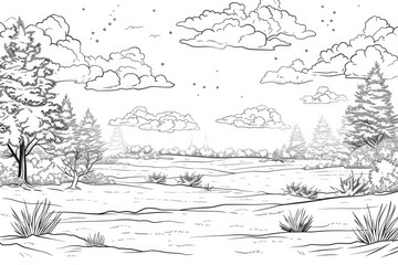 Fototapeta premium Coloring book illustration of a serene winter landscape featuring a cloudy sky and a tranquil winter forest in soft monochrome tones