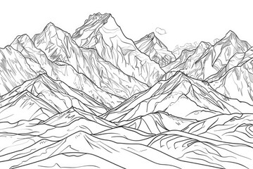 Coloring book illustration of a mountain landscape with peaks and valleys