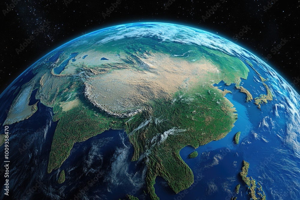 Poster image of the earth from space with asia visible in the scene, suitable for use in educational materi