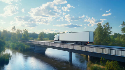 Obraz premium Futuristic Autonomous Semi-Truck with Trailer Navigates Highway