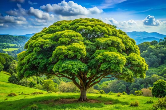 Lush green ocote tree surrounded by vibrant foliage in a serene natural landscape during daylight