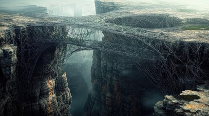 Complex fractal bridges stretch over a vast, bottomless abyss, their intricate patterns creating a mesmerizing web above the void.