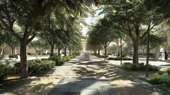 public plaza walk, saudi arabia, aird landscape, shaded walk, green trees, no palms, pedestrian comfort, passive cooling techniques 