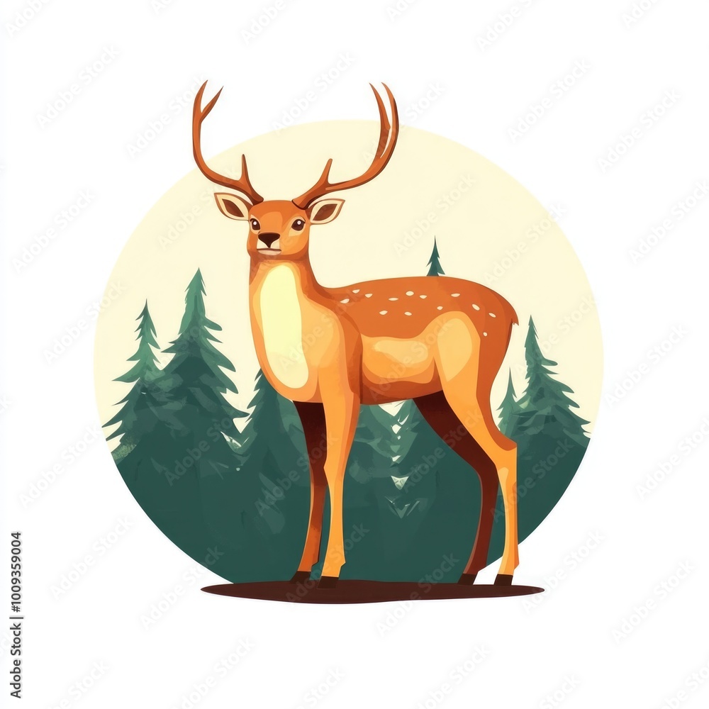 Poster a deer stands alone in a dense forest, surrounded by trees and foliage