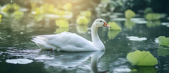 A White Swan Gracefully Swimming in a Pond