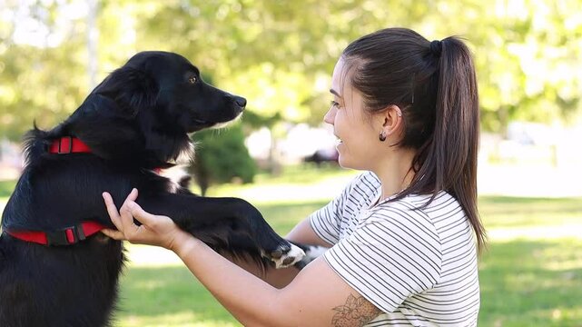 Video of young woman playing with her border collie, holding and looking at the dog with affection in a natural park
