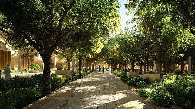 public plaza walk, saudi arabia, aird landscape, shaded walk, green trees, no palms, pedestrian comfort, passive cooling techniques 