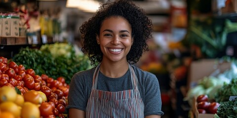 Cheerful grocery store owner restocking fresh produce in her shop, Generative AI