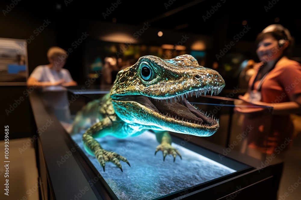 Poster a futuristic zoo where holographic animals interact with visitors, blending advanced technology with