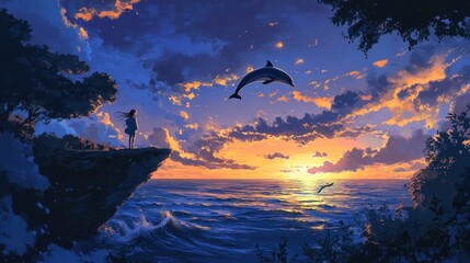 Fototapeta premium A serene sunset scene with a person on a cliff, a dolphin leaping, and vibrant clouds.