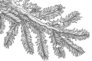Coloring book illustration of a spruce tree branch adorned with ice and frost in a winter setting