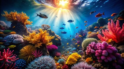 Naklejka premium Lush Marine Plants Flourishing in Vibrant Underwater Ecosystem of the Ocean's Biome
