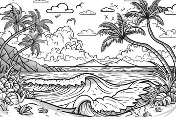 Coloring book illustration of a serene beach scene with waves and palm trees