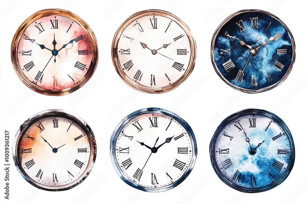 Poster Four different clocks with Roman numerals for various times and occasions