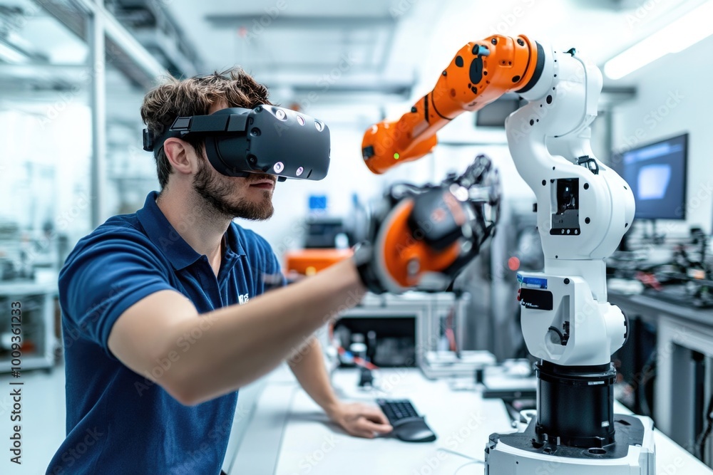 Poster a person working with a robotic arm in a blue shirt, focusing on the task at hand