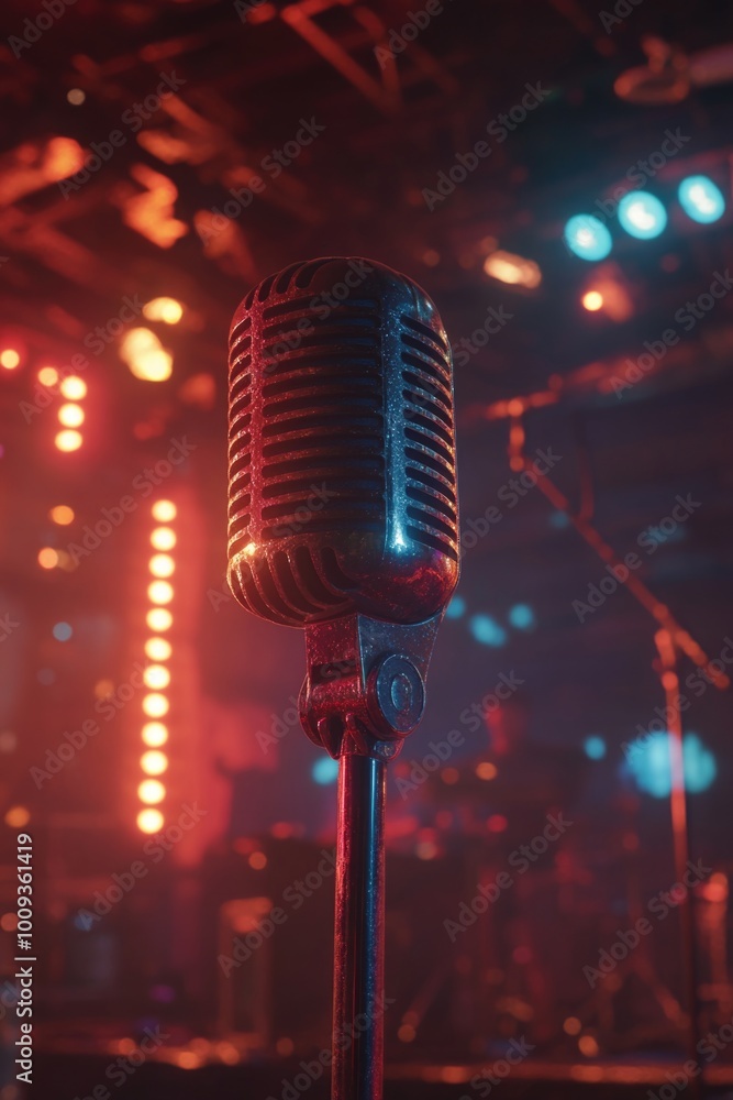 Poster a close-up view of a microphone standing on its stand, ideal for music-related uses such as concerts