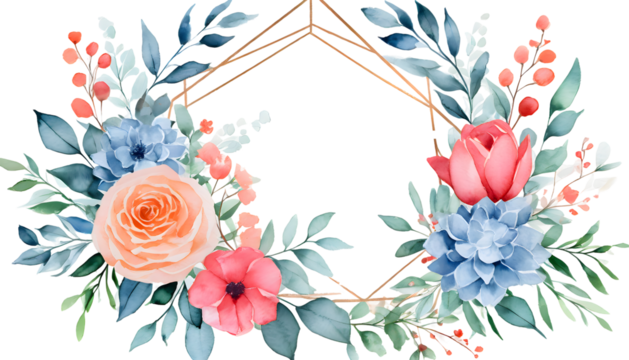 Watercolor Floral Flower Frame Wedding Invitation Geometric Frame. Generative AI.