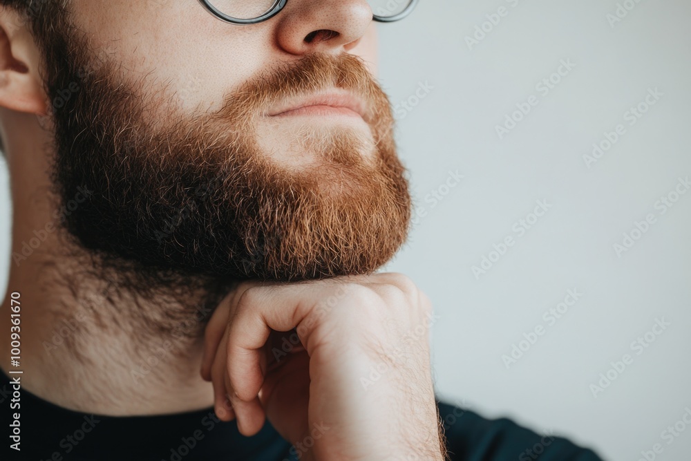 Poster A close-up portrait of a man wearing glasses and a beard, suitable for use in editorial or commercial contexts
