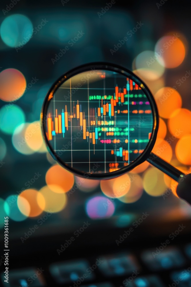 Poster Close-up of a magnifying glass hovering over a computer keyboard, ideal for use in illustrations about technology, research or detective work