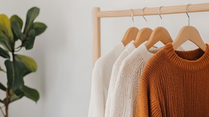 A cozy display of colorful knit sweaters hanging on a wooden rack, complemented by a green plant, creating a stylish and inviting atmosphere.