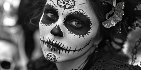 A woman with a unique skull-themed makeup look
