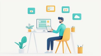 Fototapeta premium 3D Illustration of a Man Working on a Computer in a Modern Office