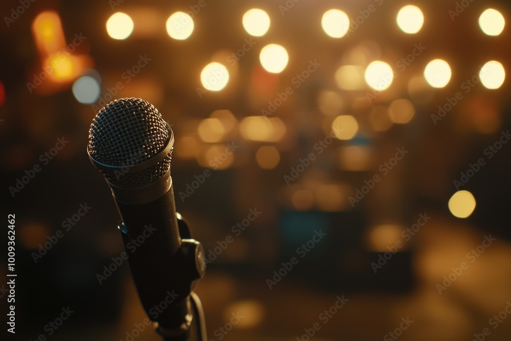 Poster A close-up of a microphone with colorful lights in the background, ideal for use in music and performance-related contexts