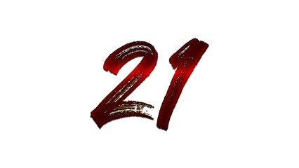 3D blood red number design of 21 on white background.