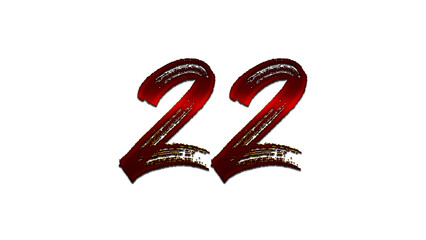 3D blood red number design of 22 on white background.
