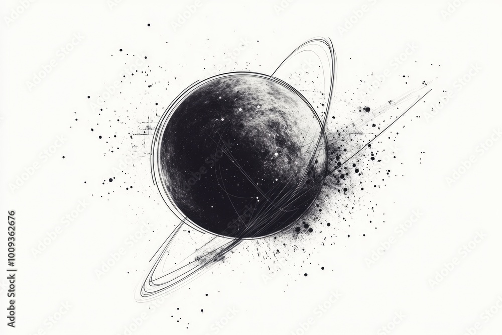 Poster A simple illustration of a planet in shades of gray, suitable for use as an abstract design or astronomy-themed concept