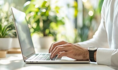 Marketing professional typing on his laptop in his home office, Generative AI