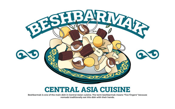 Beshbarmak. Central Asia cuisine. Thinly sliced chopped meat and dough on a large round plate with kazakh national ornament. Creative illustration for Nauryz.