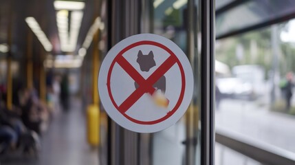 A sign indicating no dogs allowed, displayed on a glass door in a public space.