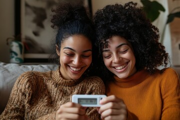 Fototapeta premium Queer couple rejoicing after taking a home pregnancy test, Generative AI