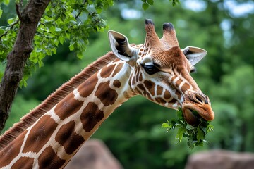 A graceful giraffe feeding from the high branches of a tree, its long neck reaching up to the leaves in its natural habitat